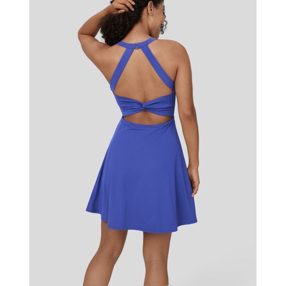 New Halara Backless Cut Out Twisted Dance Dress Sz M Long Womens Blue Side Pocke